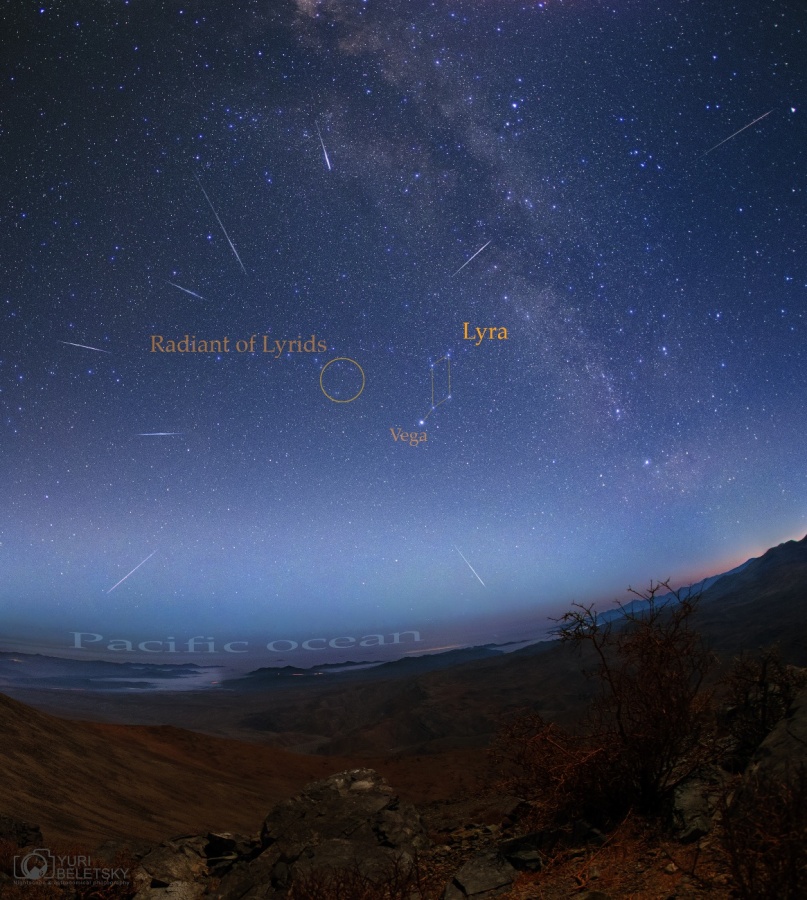 Meteoros da Líridas no Deserto do Atacama, Chile - Créditos: Yuri Beletsky