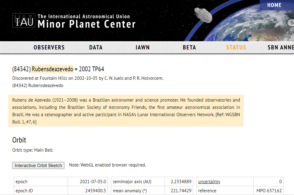 Nome de Rubens de Azevedo oficializado para o asteroide 84342 - Fonte: Minor Planet Center