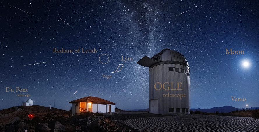 Meteoros da Líridas registrados a partir do Observatório Las Campanas, no Chile - Créditos: Yuri Beletsky